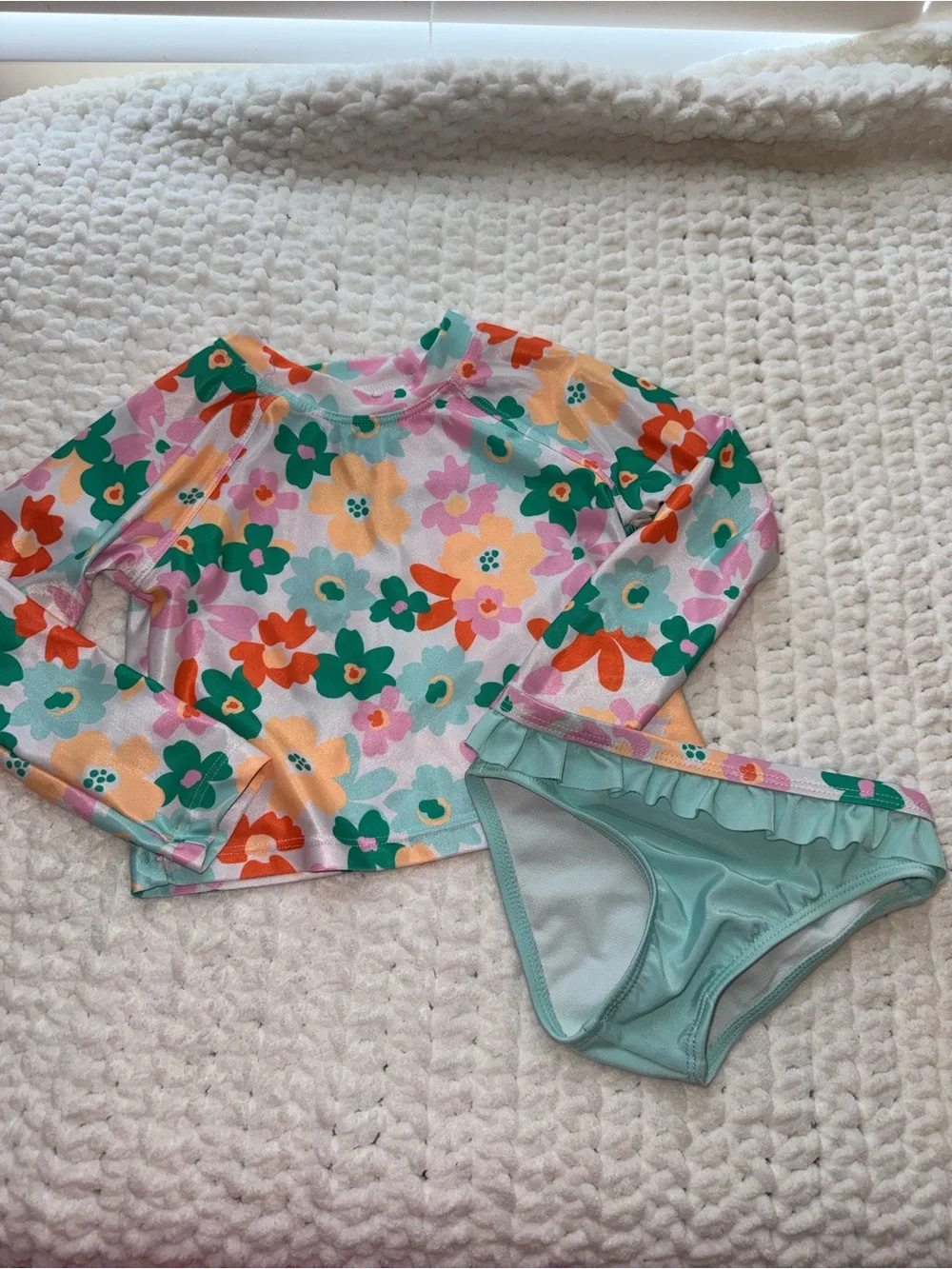 wonder nation Girls Floral Rash Guard Bikini Set - Mint, Peach & Green